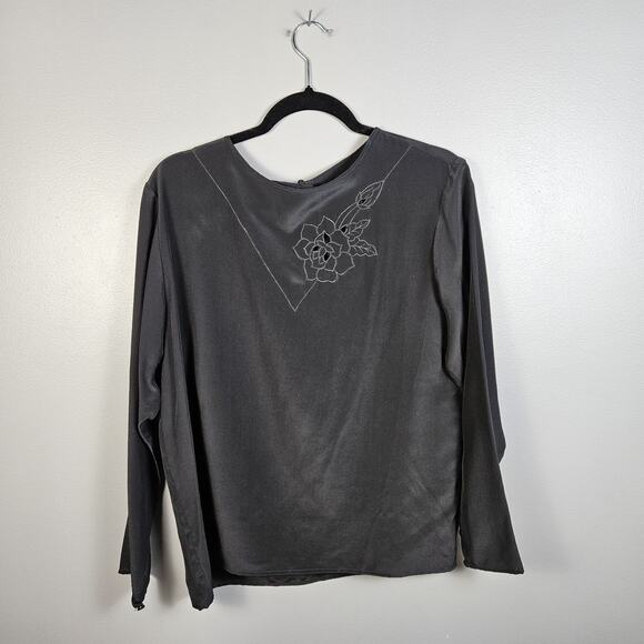 Vintage Panther 100% Silk Long Sleeve Blouse Flower Detail Round Neck Button - Picture 1 of 7